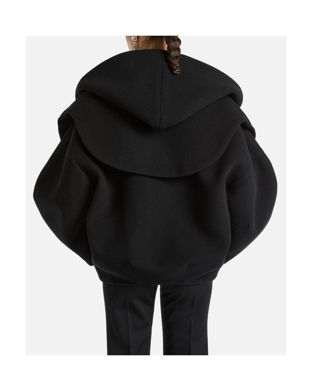 Balmain Black Oversized Wool Pea Coat With Hood