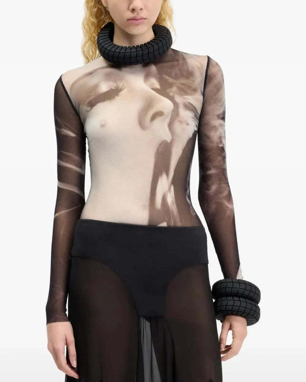 Jean Paul Gaultier Black Smoking Print Mesh Top