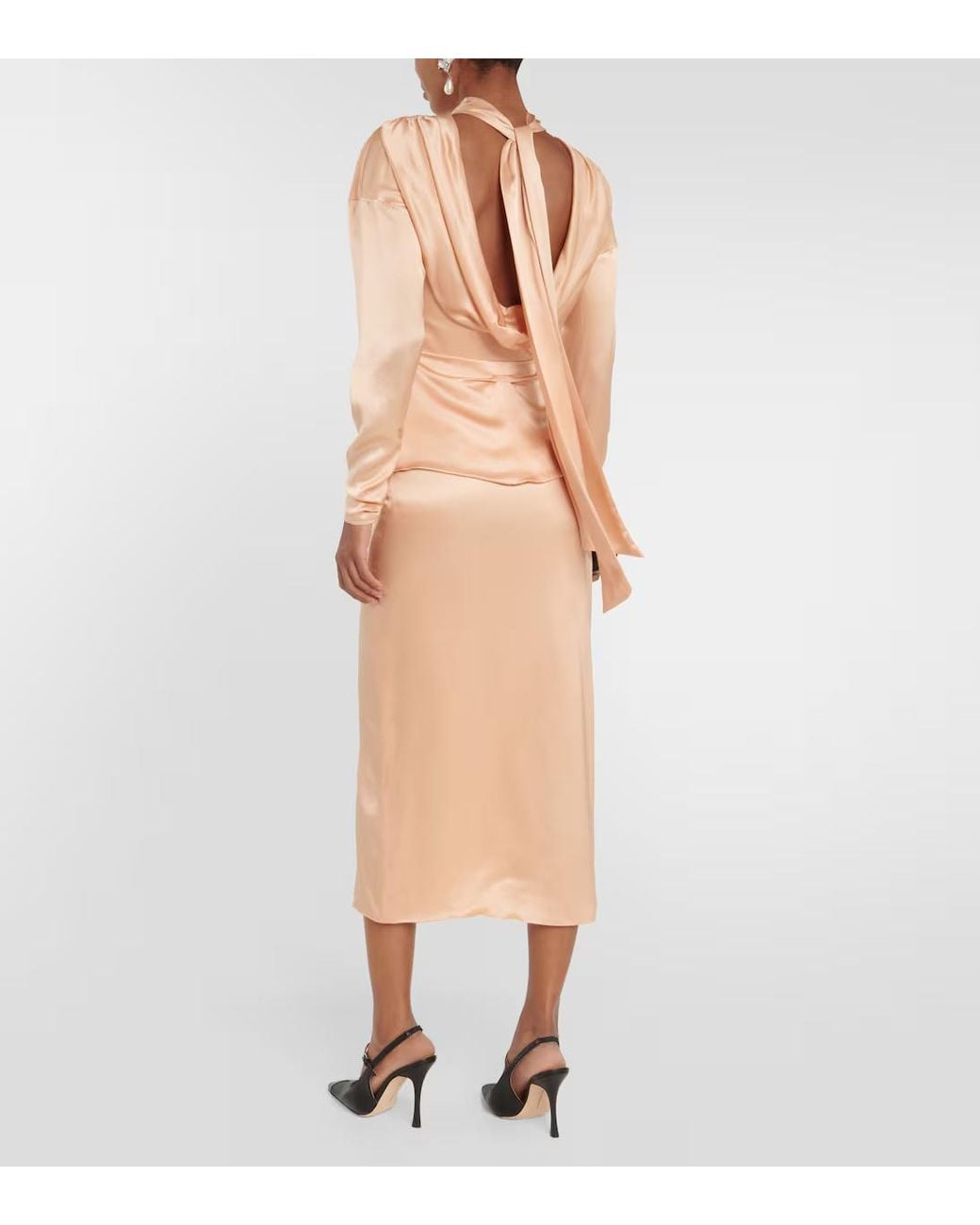Alessandra Rich Pink Tie-Neck Silk Satin Midi Dress