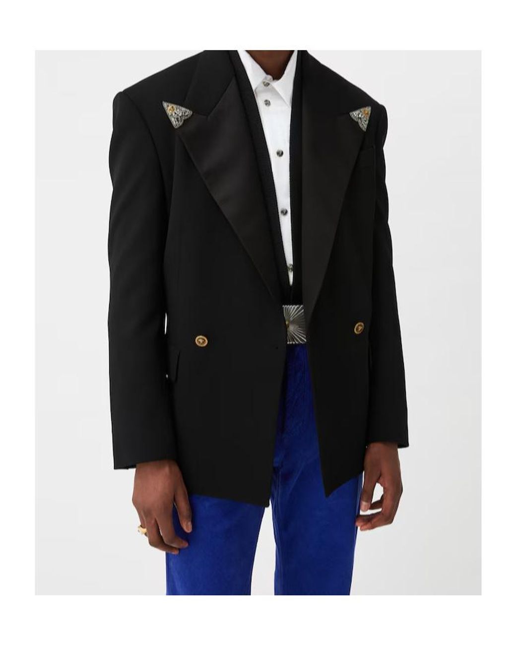 Versace Black Embellished Lapel Double-Breasted Blazer for men