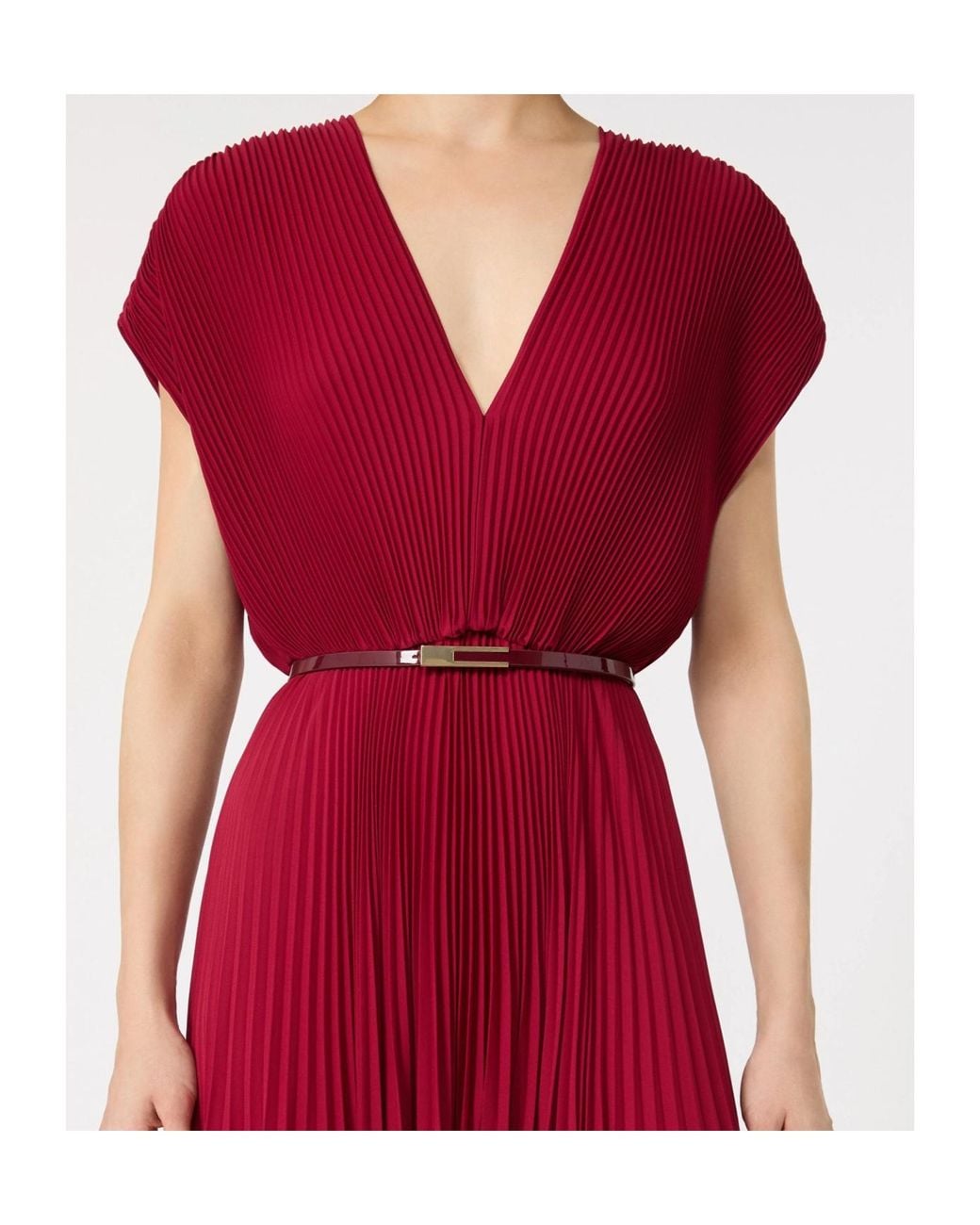 Max Mara Red Belted-Waist Pleated Maxi Dress