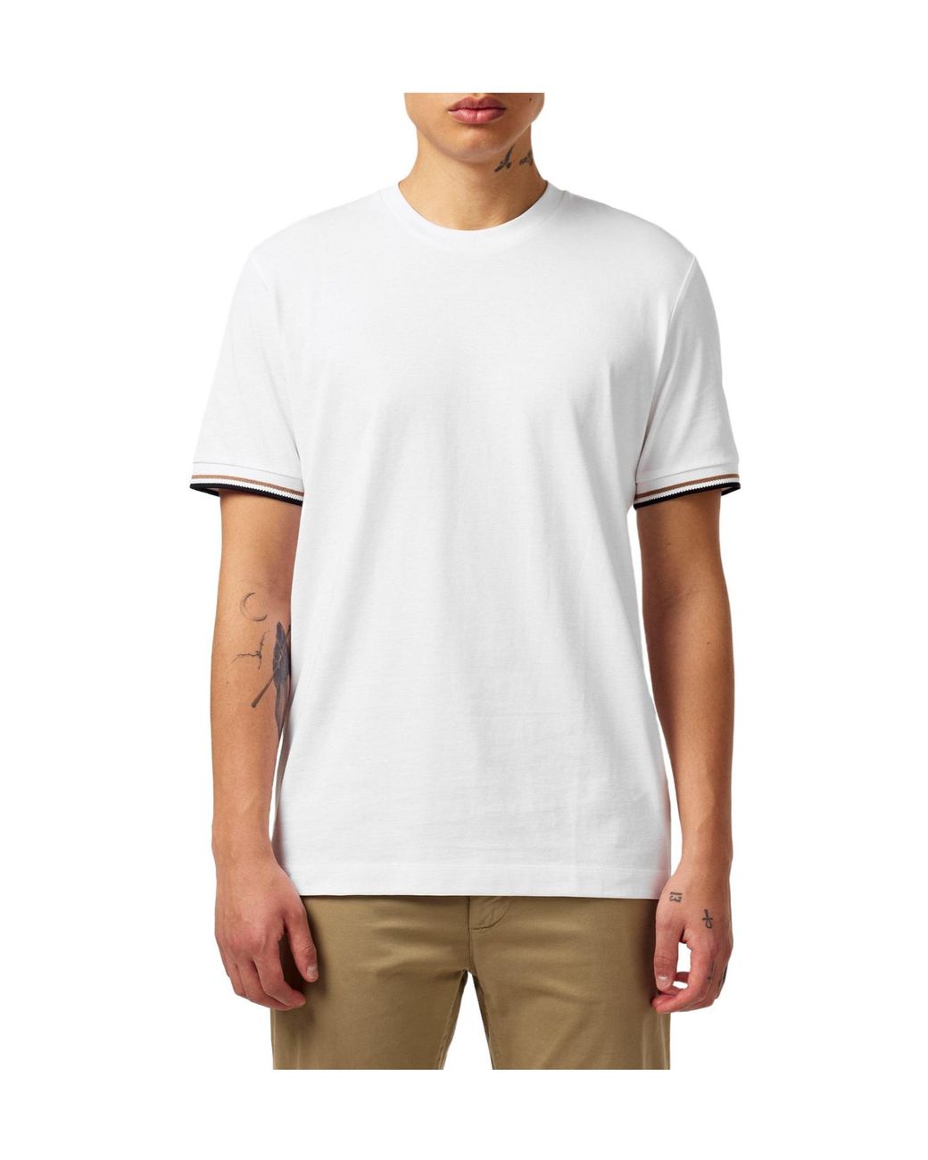 Boss White Striped Cuff T-Shirt for men