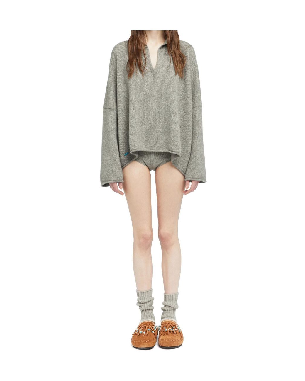 Alanui Gray Ribbed Polo Neck Top