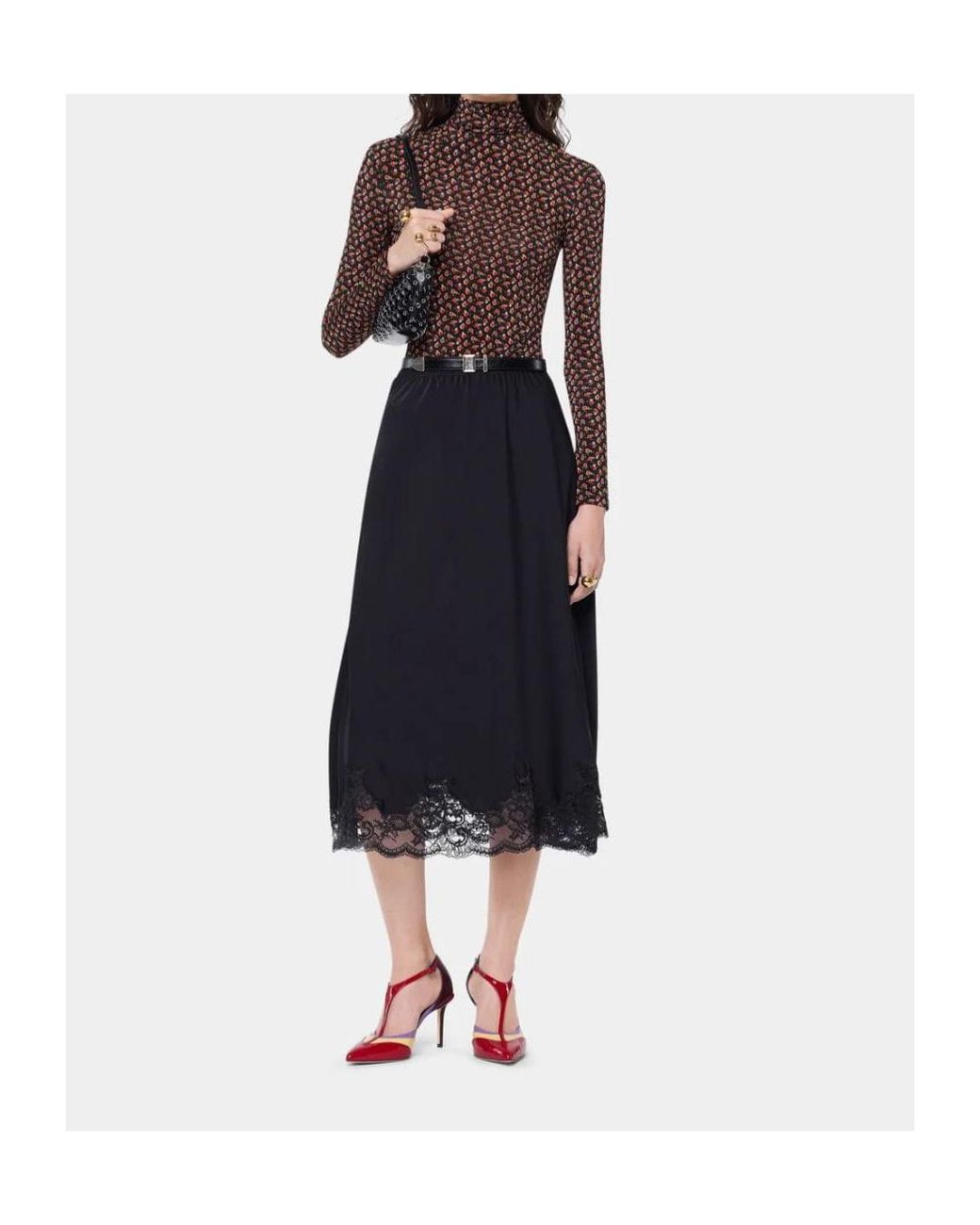 Rabanne Black Lace-Trim Satin Midi Skirt