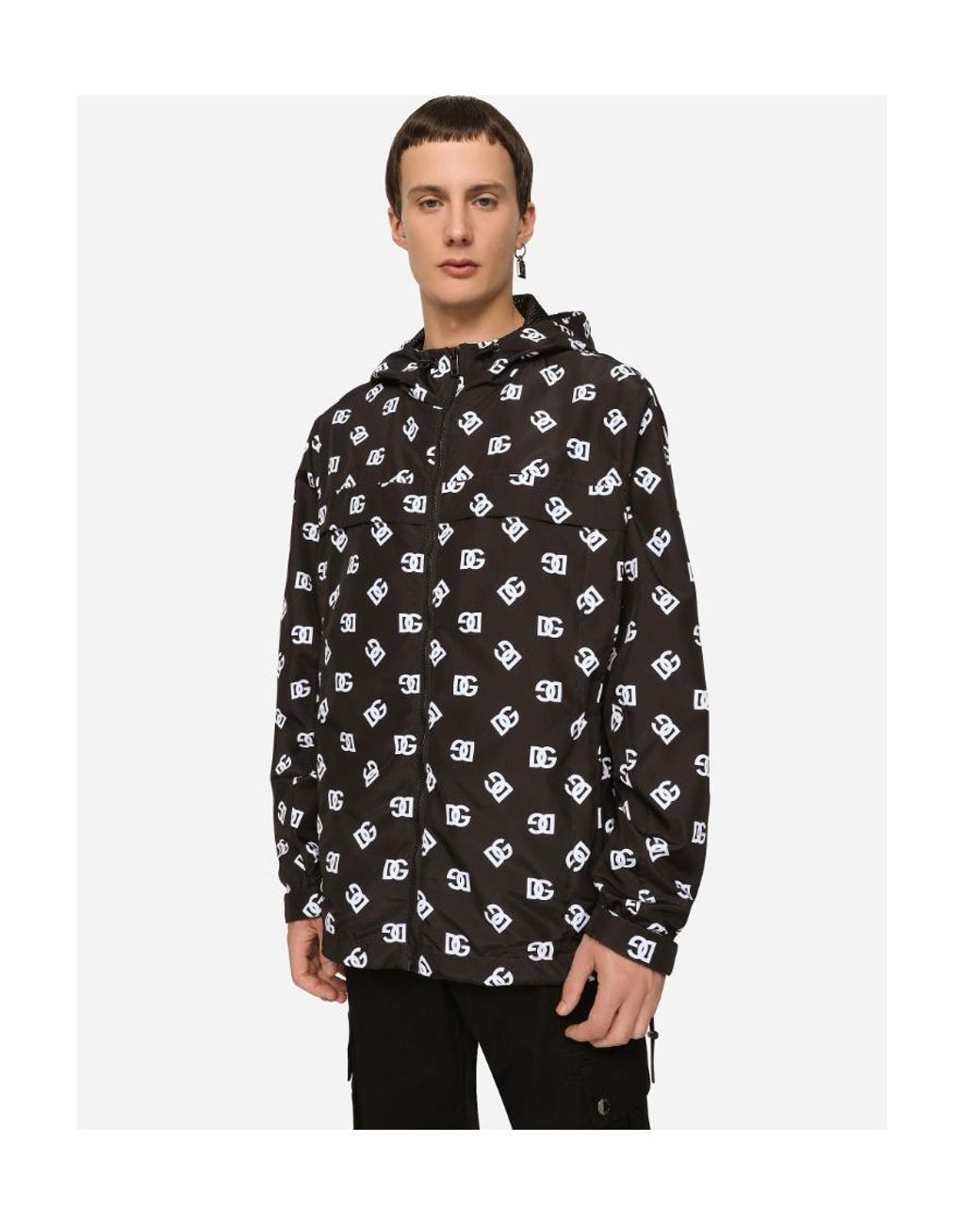 Dolce & Gabbana Black Allover Dg Printed Zipped Jacket for men