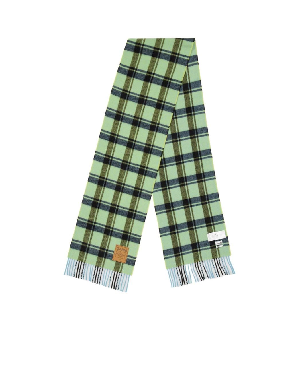 Ganni Green Plaid Wool Scarf