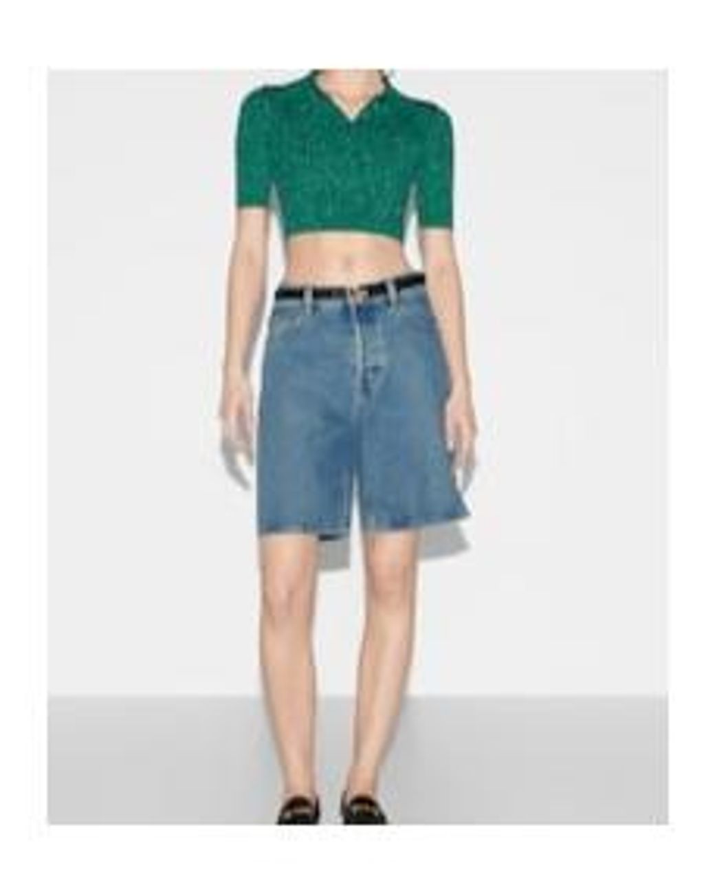 Gucci Green Ribbed-Lamé Cropped Polo Shirt