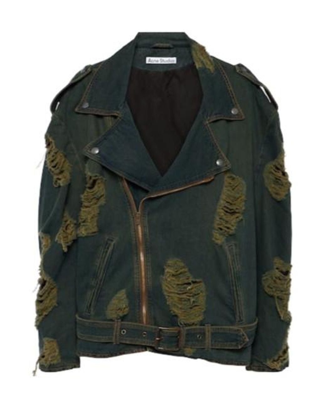 Acne Green Distressed Motorcycle Denim Jacket