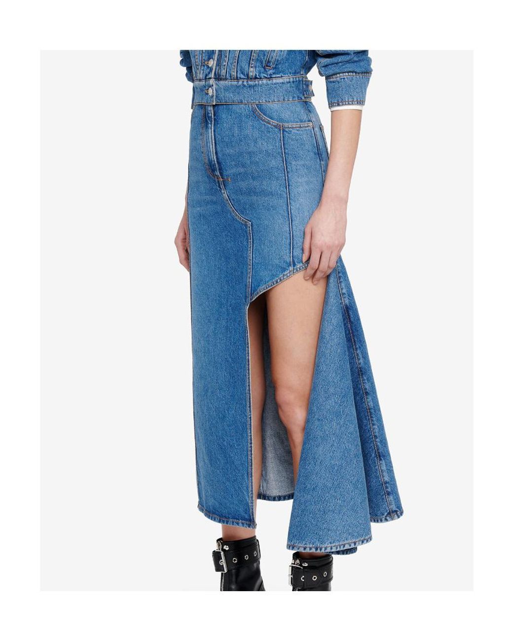 McQueen Blue Slashed Cut-Out Denim Midi Skirt