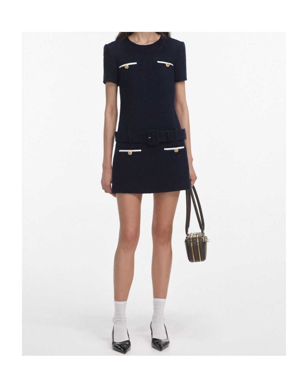 Self-Portrait Blue Belted Waist Boucle Mini Dress