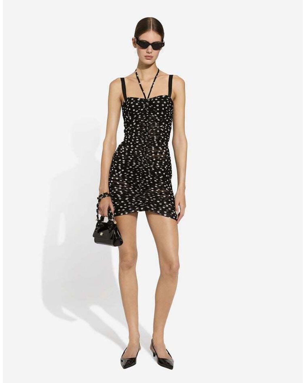 Dolce & Gabbana Black Polka-Dot Printed Draped Mini Tulle Dress