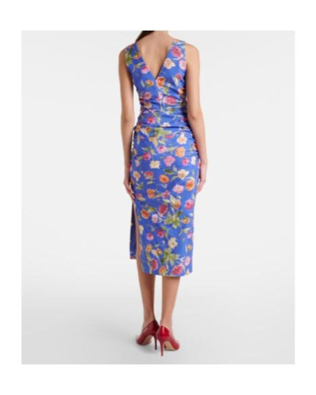 Carolina Herrera Blue Floral Gathered Cotton-Blend Midi Dress