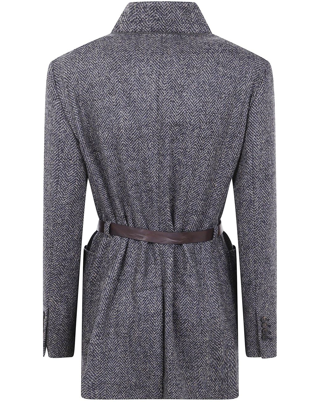 Brunello Cucinelli Gray Herringbone Patterned Belted Jacket