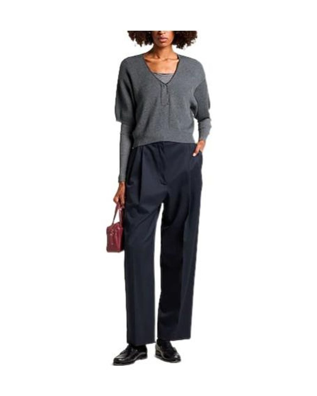 Brunello Cucinelli Gray Solidcolor Vneck Shortsleeve Knit Top