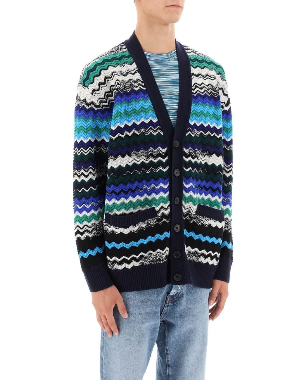Missoni Blue Zig Zag Wool Cardigan for men
