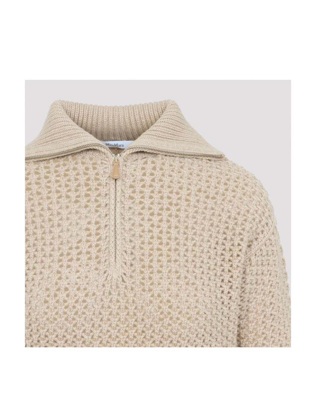 Max Mara Natural Tequila Open-Knit Zip Detailed Jumper