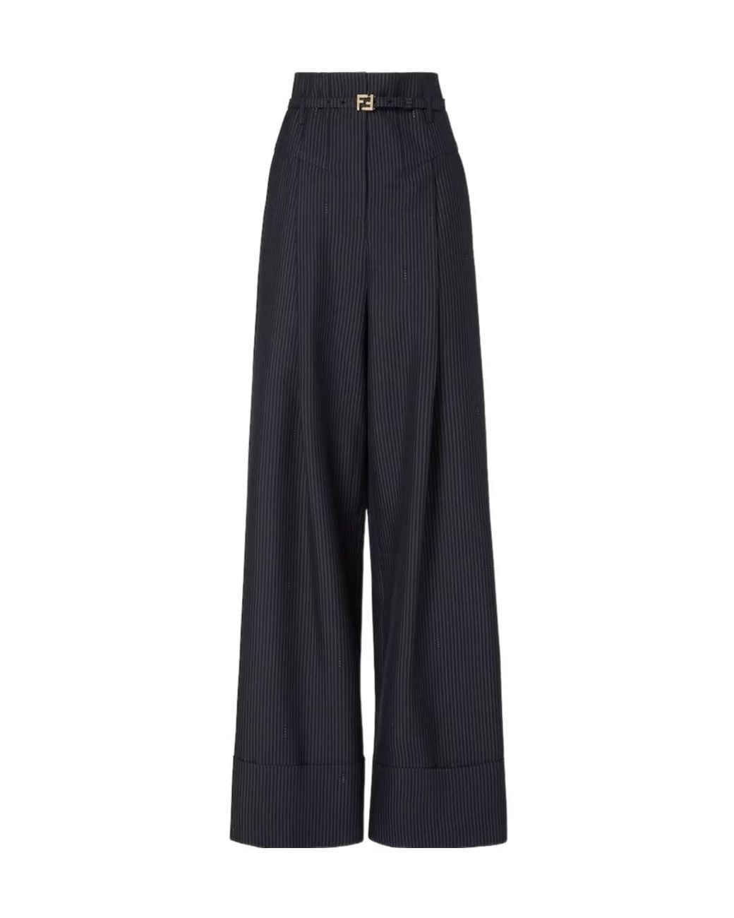 Fendi Blue Belted Waist Pinstriped Wide-Leg Trousers