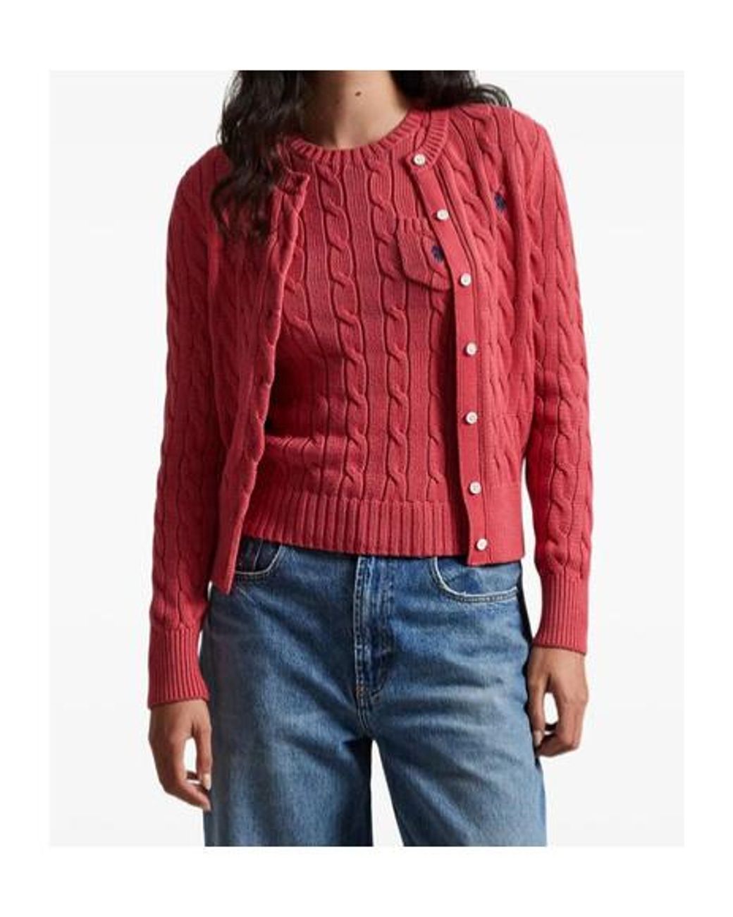 Polo Ralph Lauren Red Cable-Knit Cotton Crewneck Cardigan