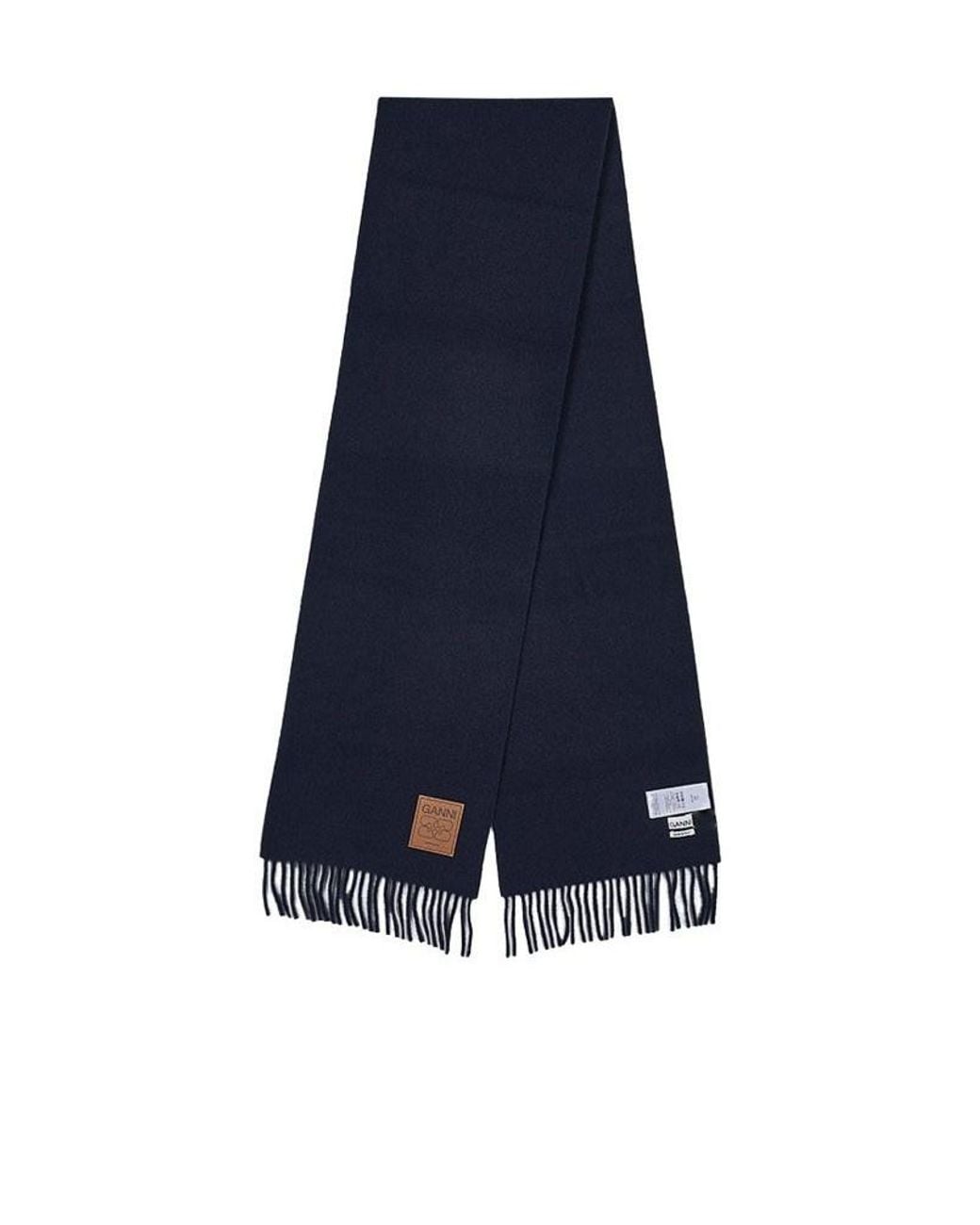 Ganni Blue Logo Patch Fringed Scarf