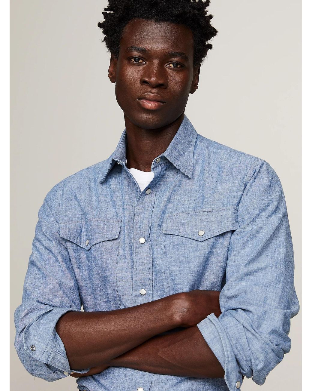 Tommy Hilfiger Blue Lapel Denim Shirt for men