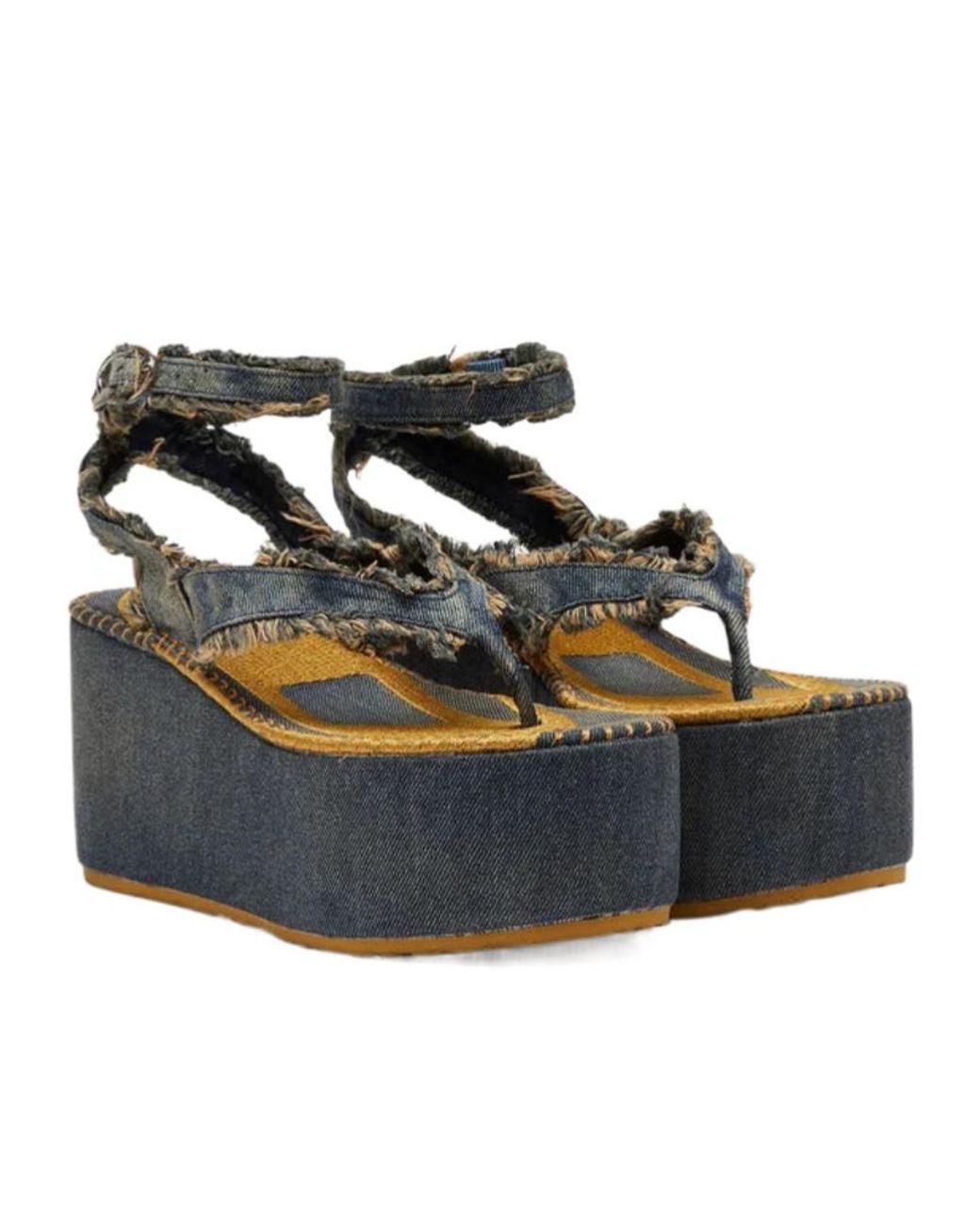 DIESEL Blue Frayed-Edge Platform Sandals