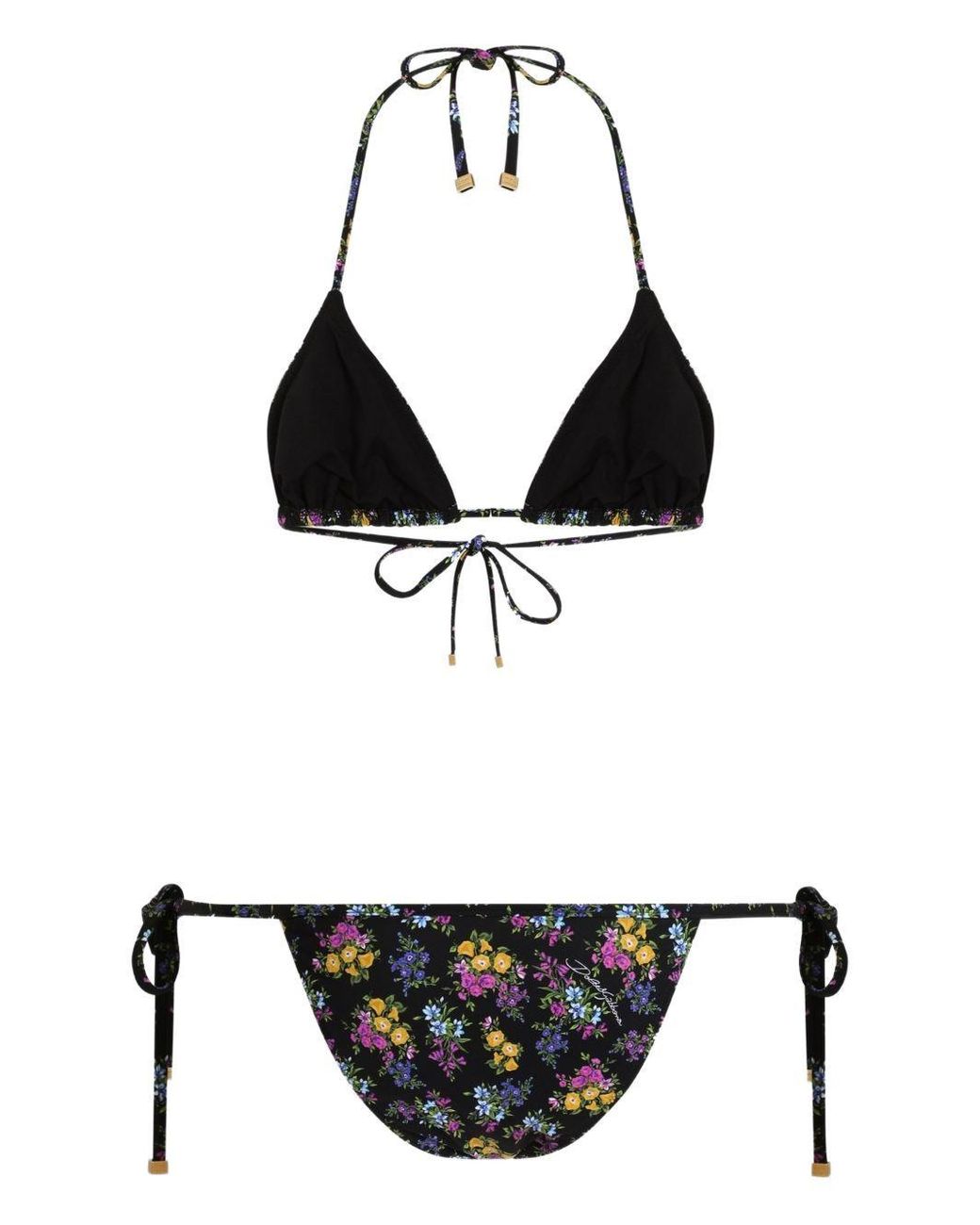 Dolce & Gabbana Black Small Floral-Printed Triangle Bikini Set