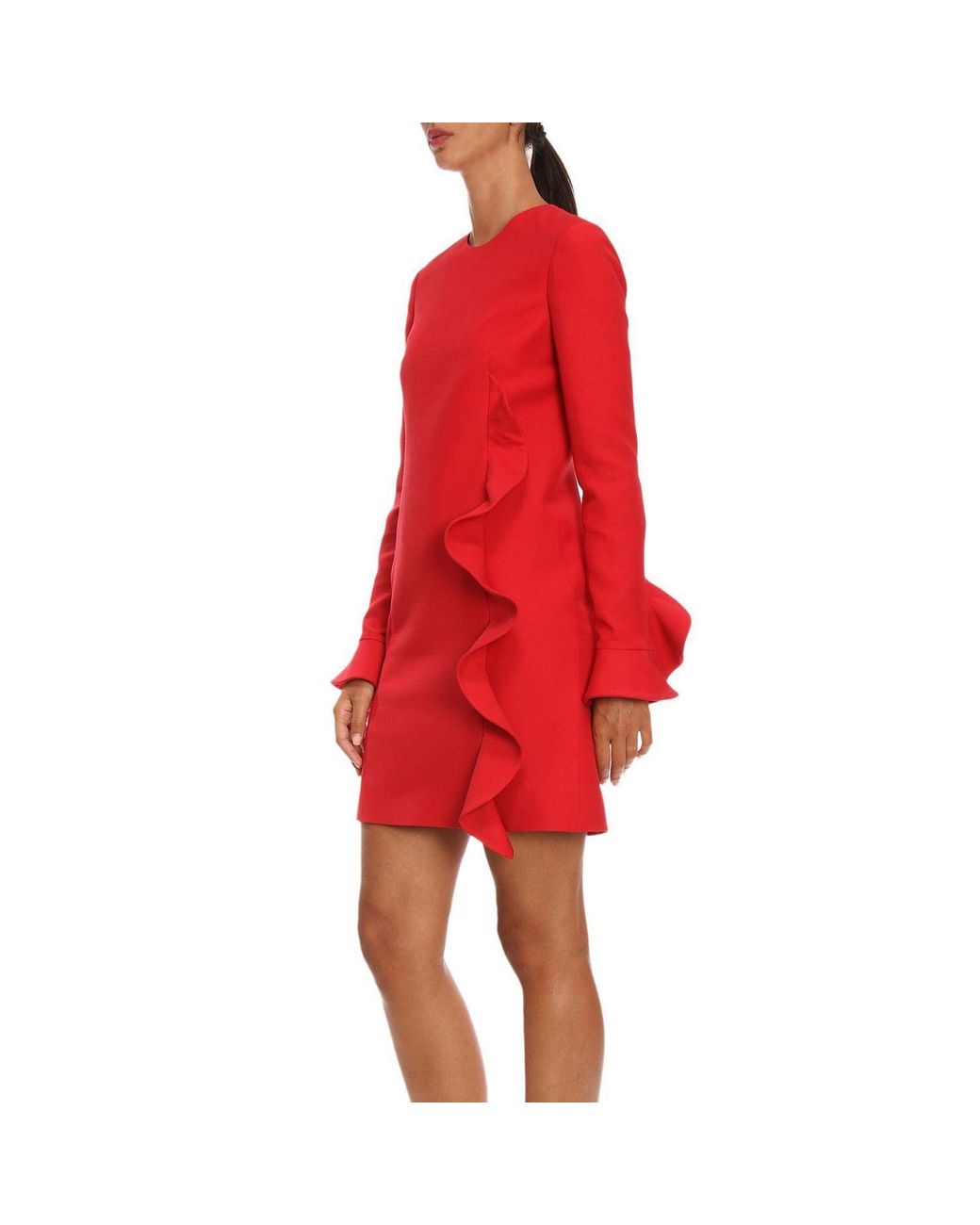 Valentino Red Ruffled Long-Sleeved Dress