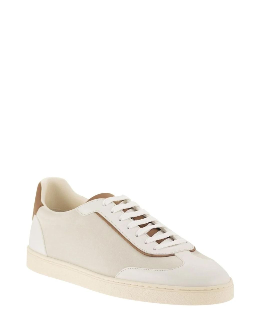 Brunello Cucinelli White Low-Top Leather And Suede Sneakers With Contrasting Details for men