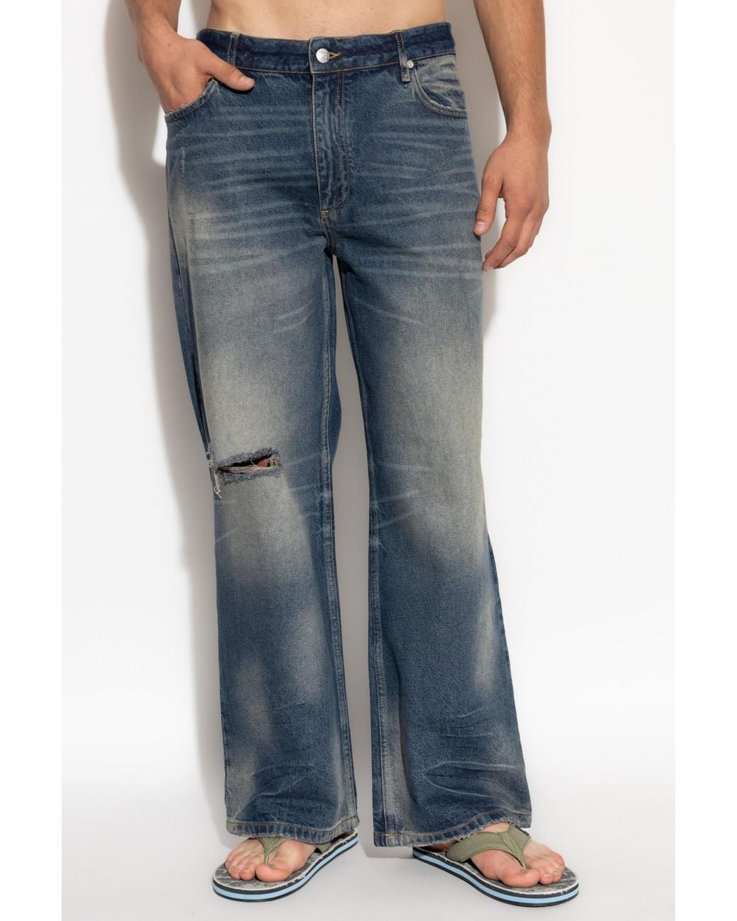 M I S B H V Blue Logo Plaque Distressed Jeans for men