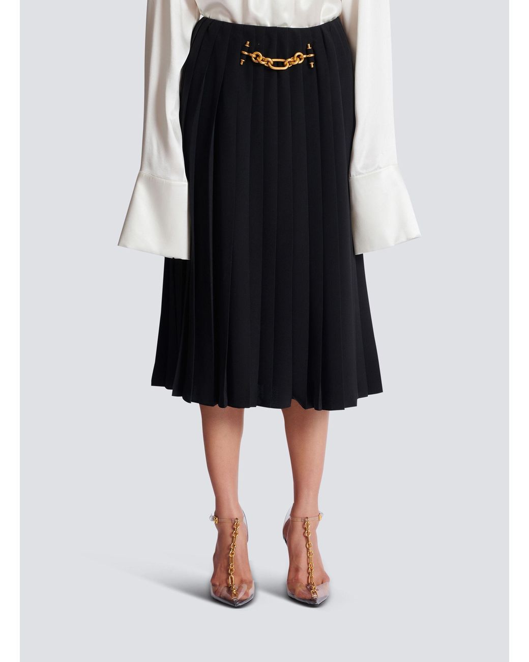 Balmain Black Chain-Detail Pleated Midi Skirt