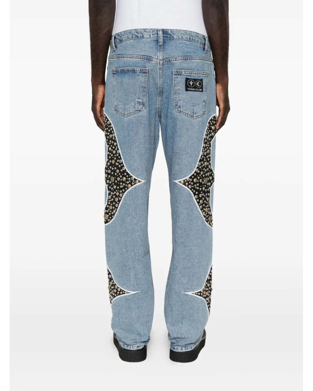 THUG CLUB Blue Studded Straight-Leg Jeans for men