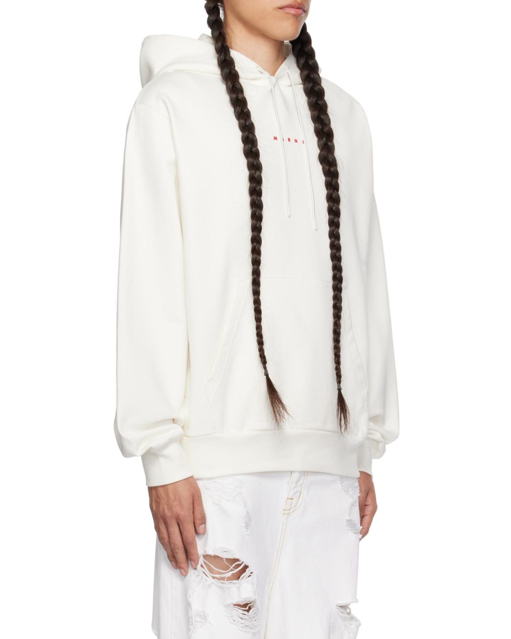 Marni White Logo Printed Drawstring Hoodie for men