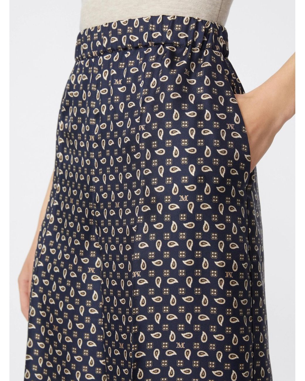 Max Mara Gray Silk Twill Printed Wide-Leg Trousers
