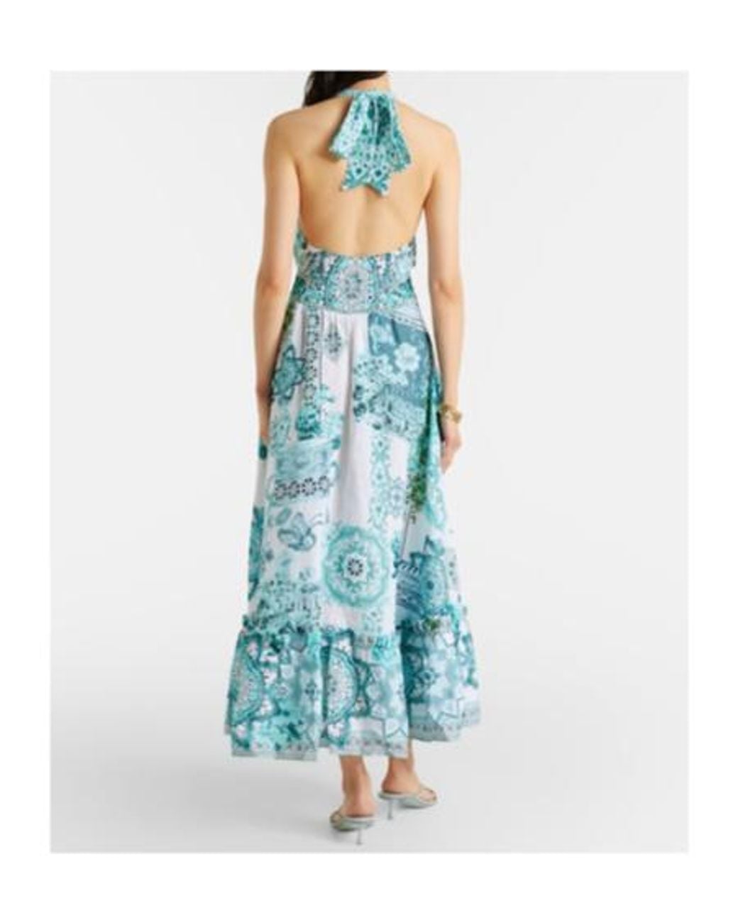 Camilla Blue Embellished Ruffled Halterneck Linen Midi Dress