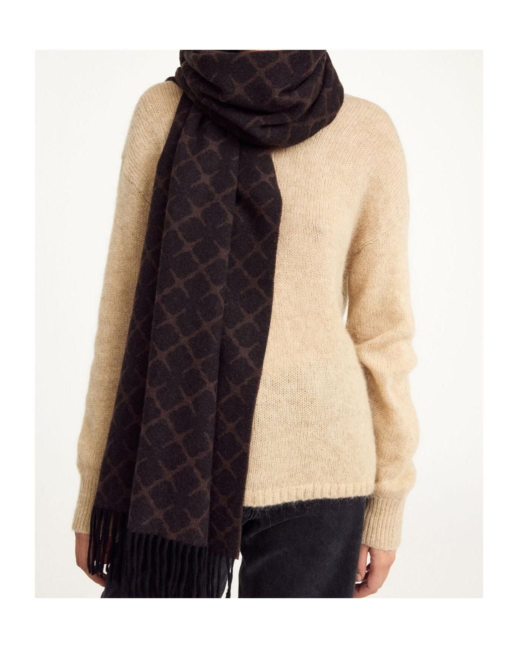 By Malene Birger Black Fringed Patterned Scarf
