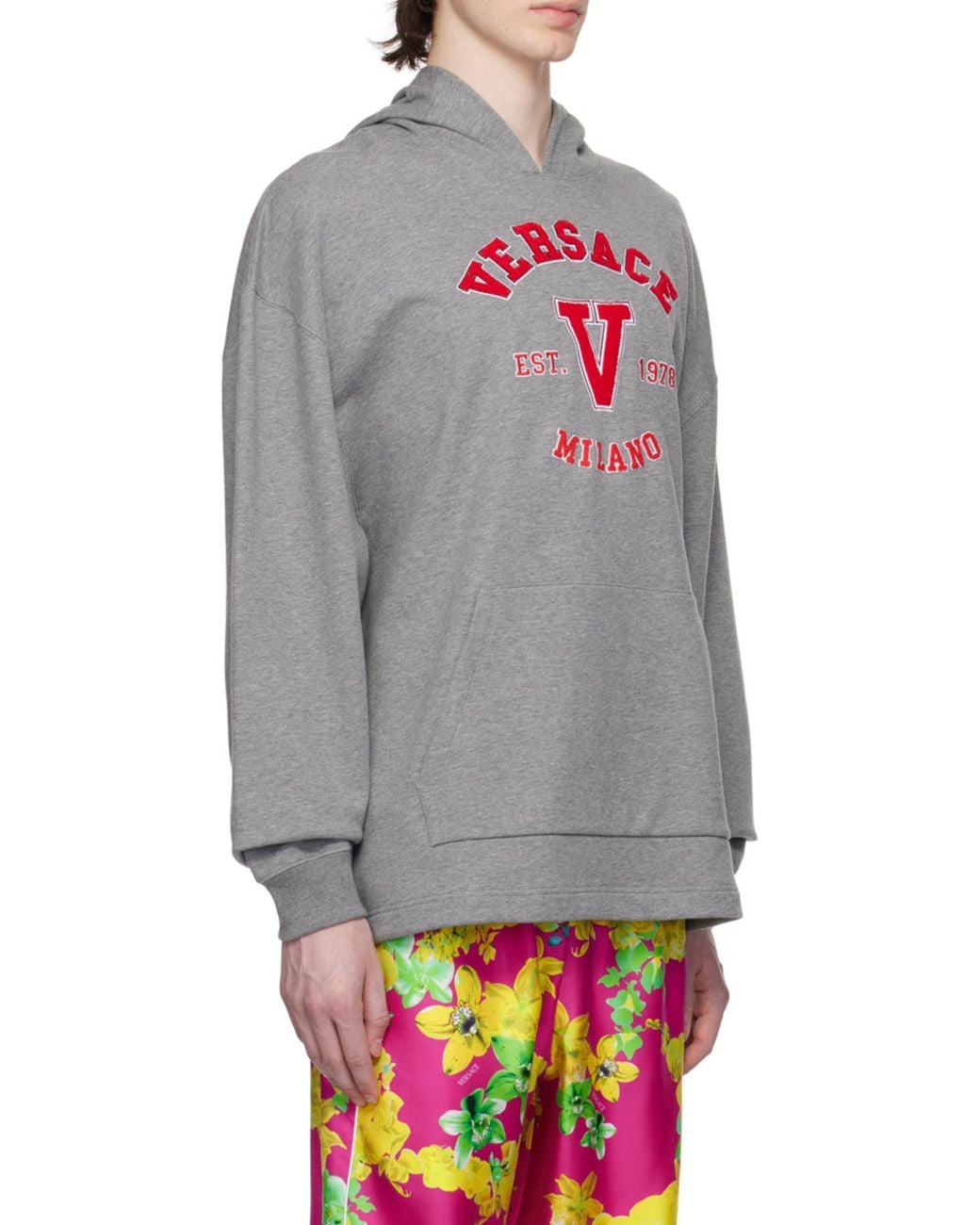 Versace Gray Logo Detailed Long Sleeved Hoodie for men