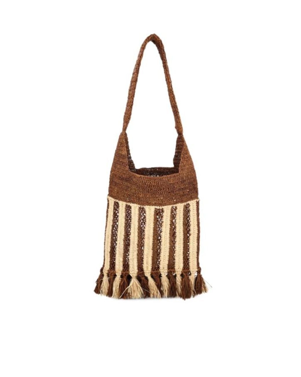 Isabel Marant Brown Logo Embroidered Striped Tassel Shoulder Bag