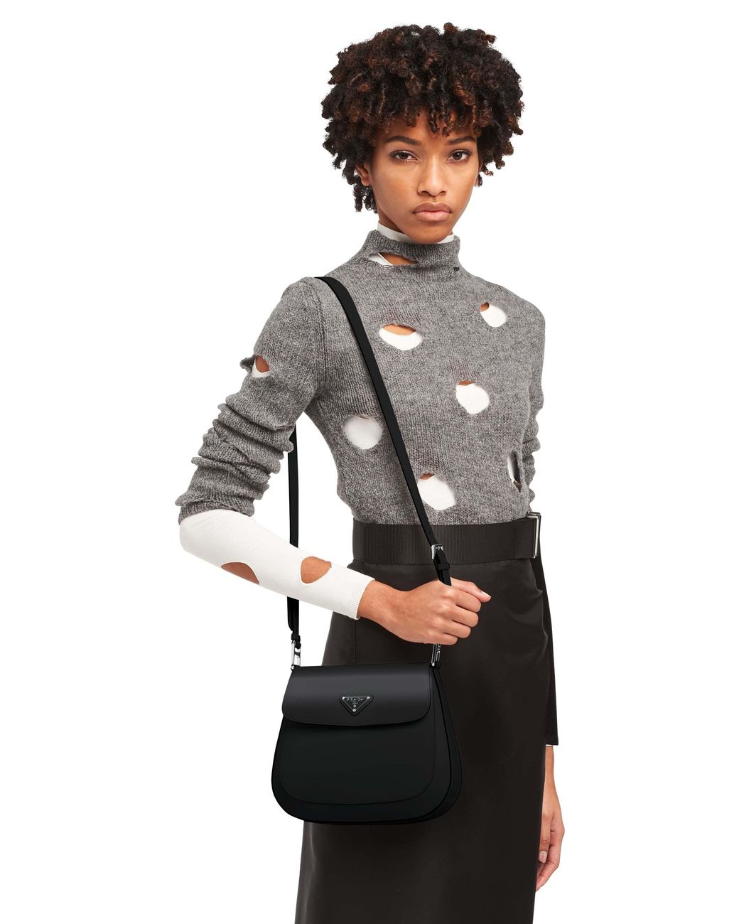 Prada Black Cleo Logo Patch Shoulder Bag