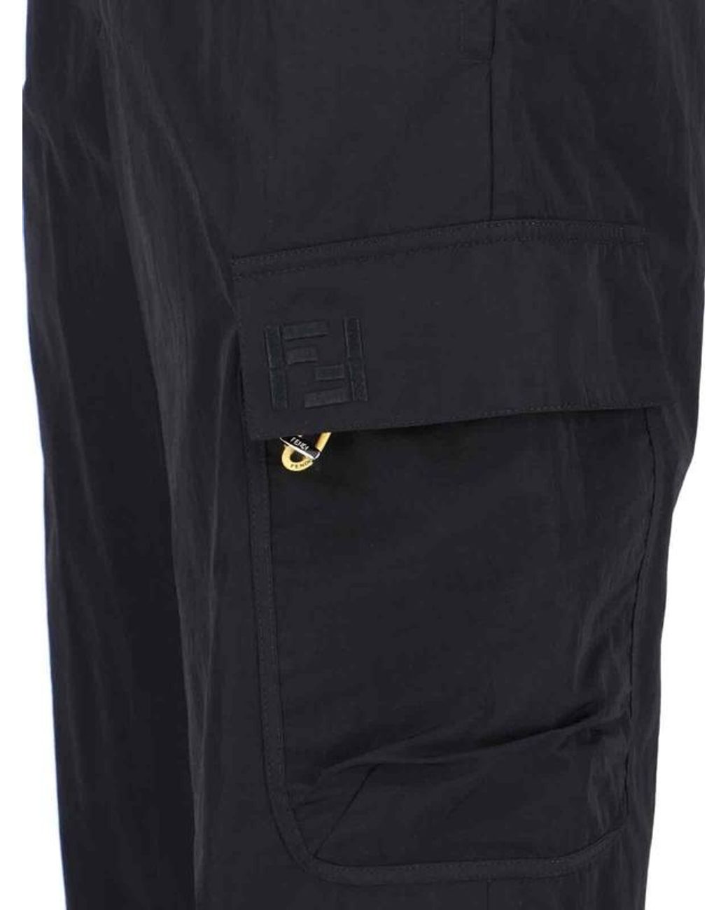 Fendi Black Ff Embroidered Drawstring Cargo Trousers for men