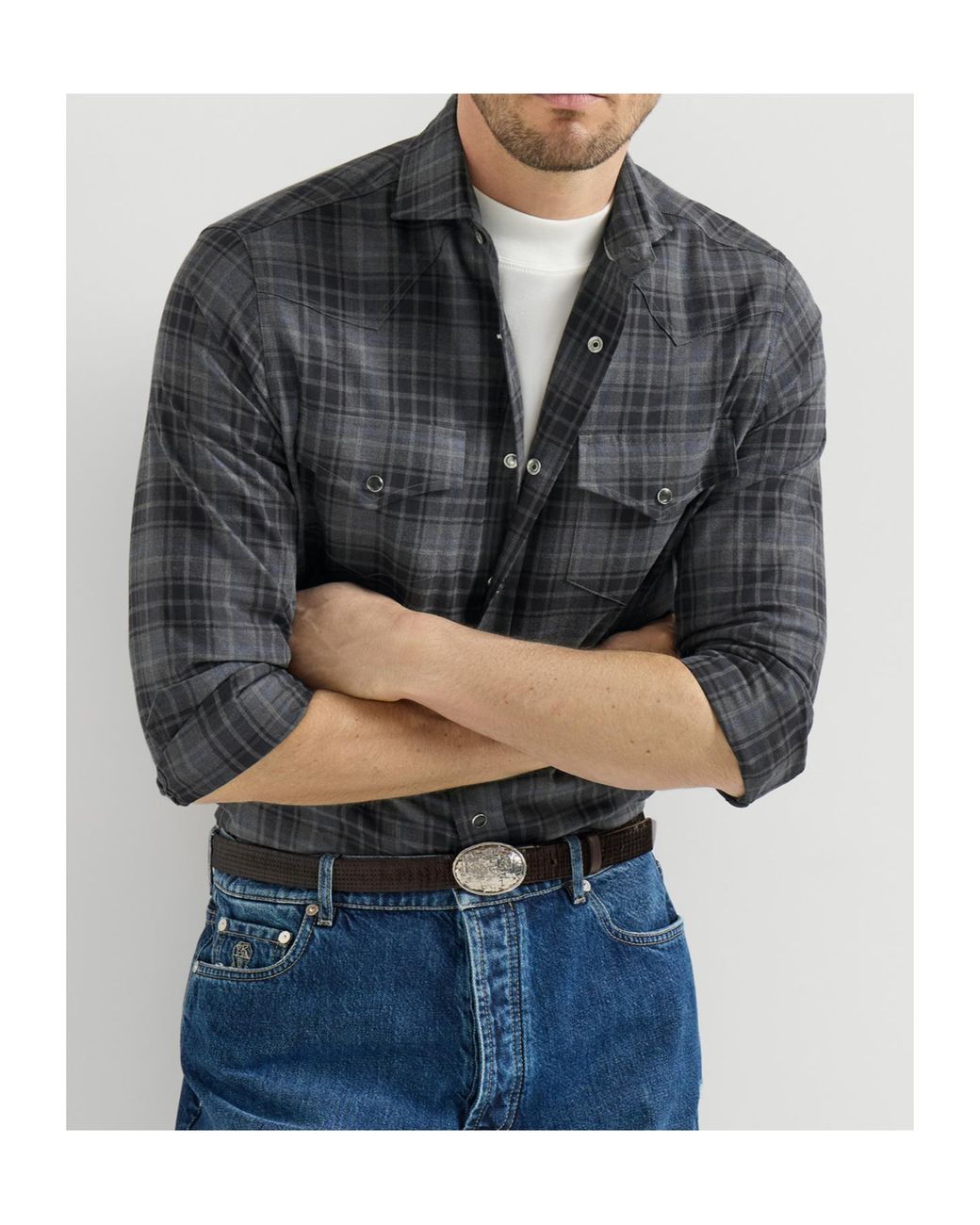 Brunello Cucinelli Gray Cotton Madras Western Shirt for men
