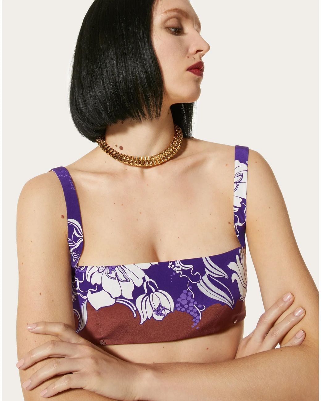 Valentino Purple Floral Cropped Silk Top