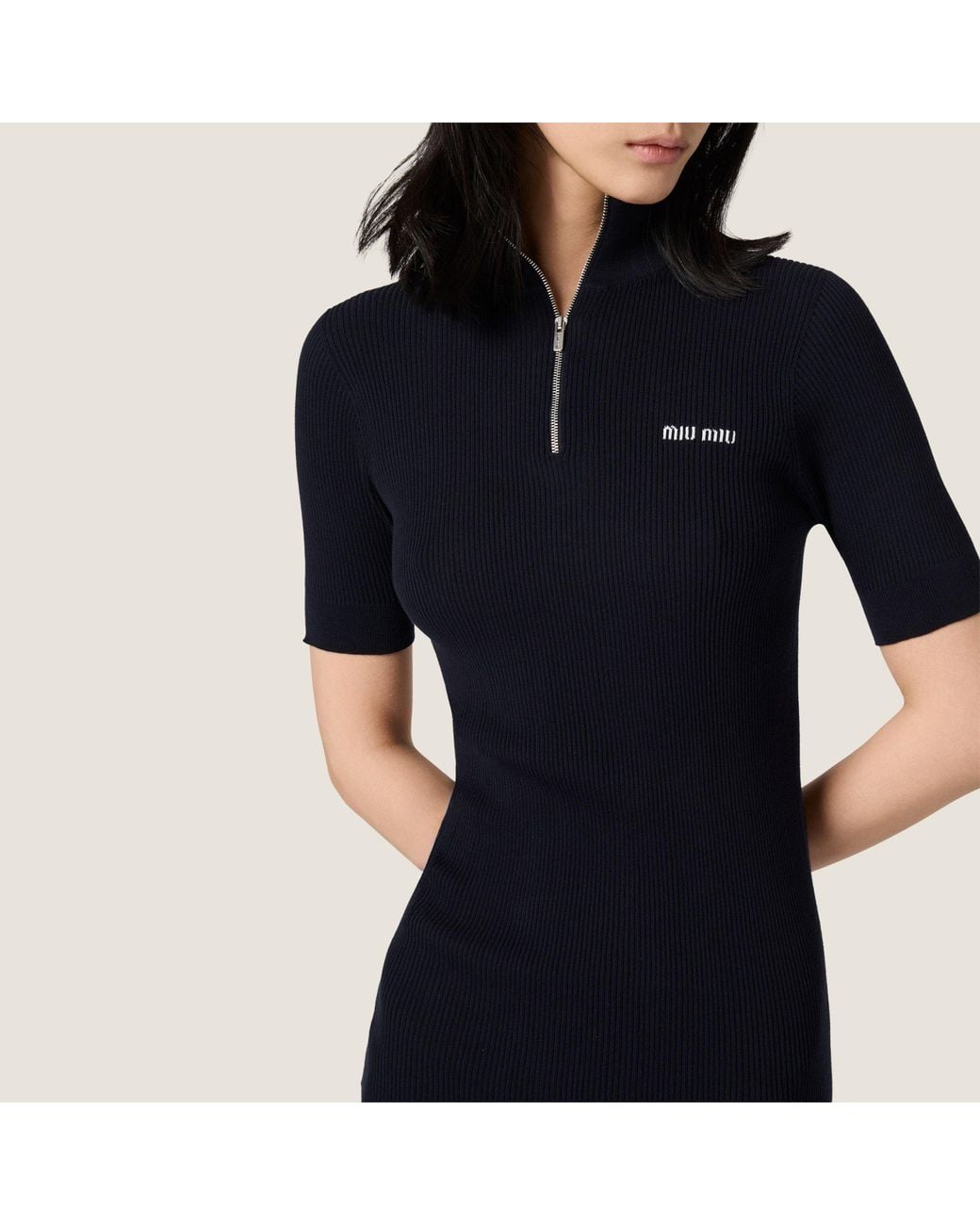 Miu Miu Black Ribbed Knit Cotton Dress