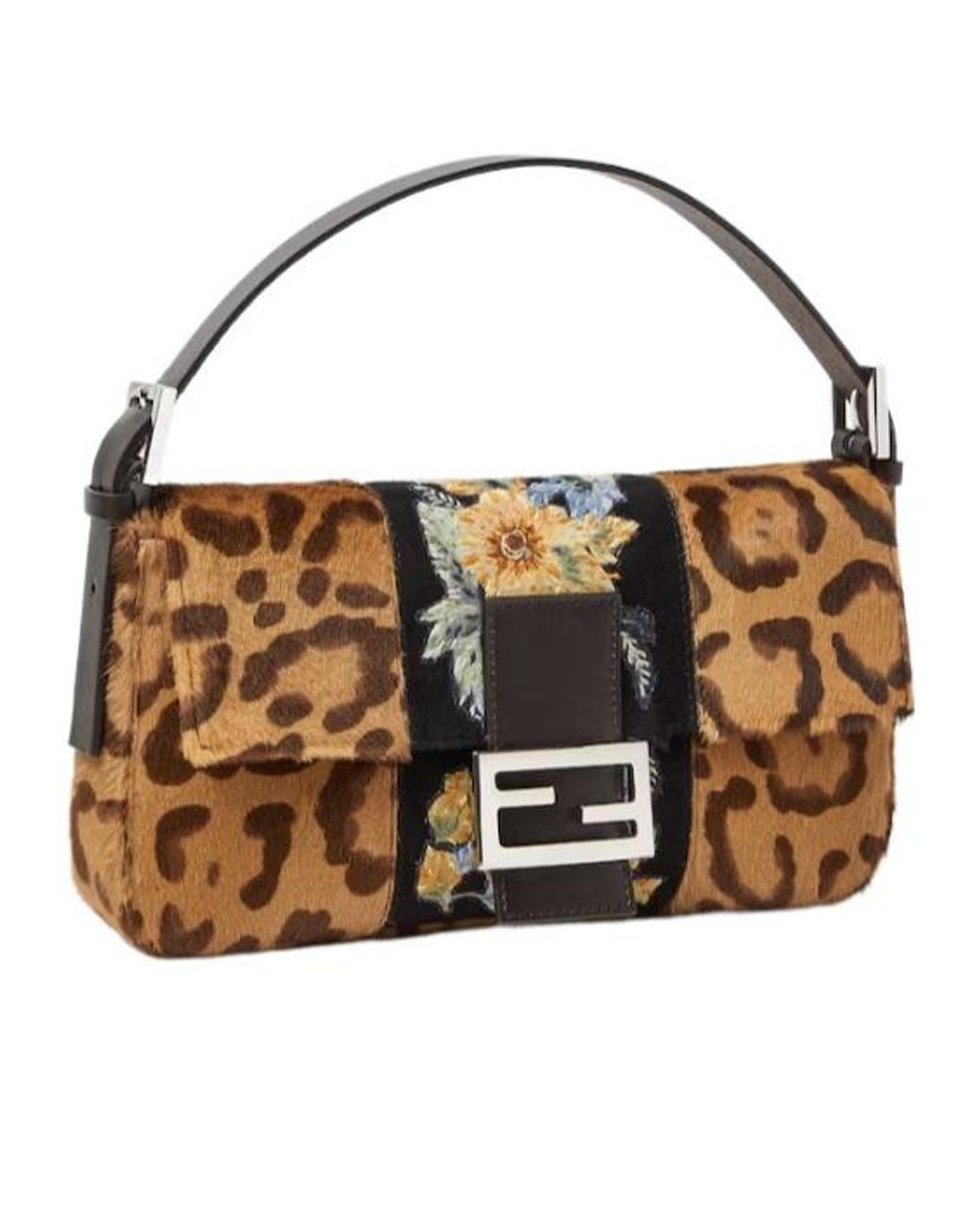 Fendi Brown Baguette 26424 Embroidered Jaguar Print Pony-Effect Leather Bag