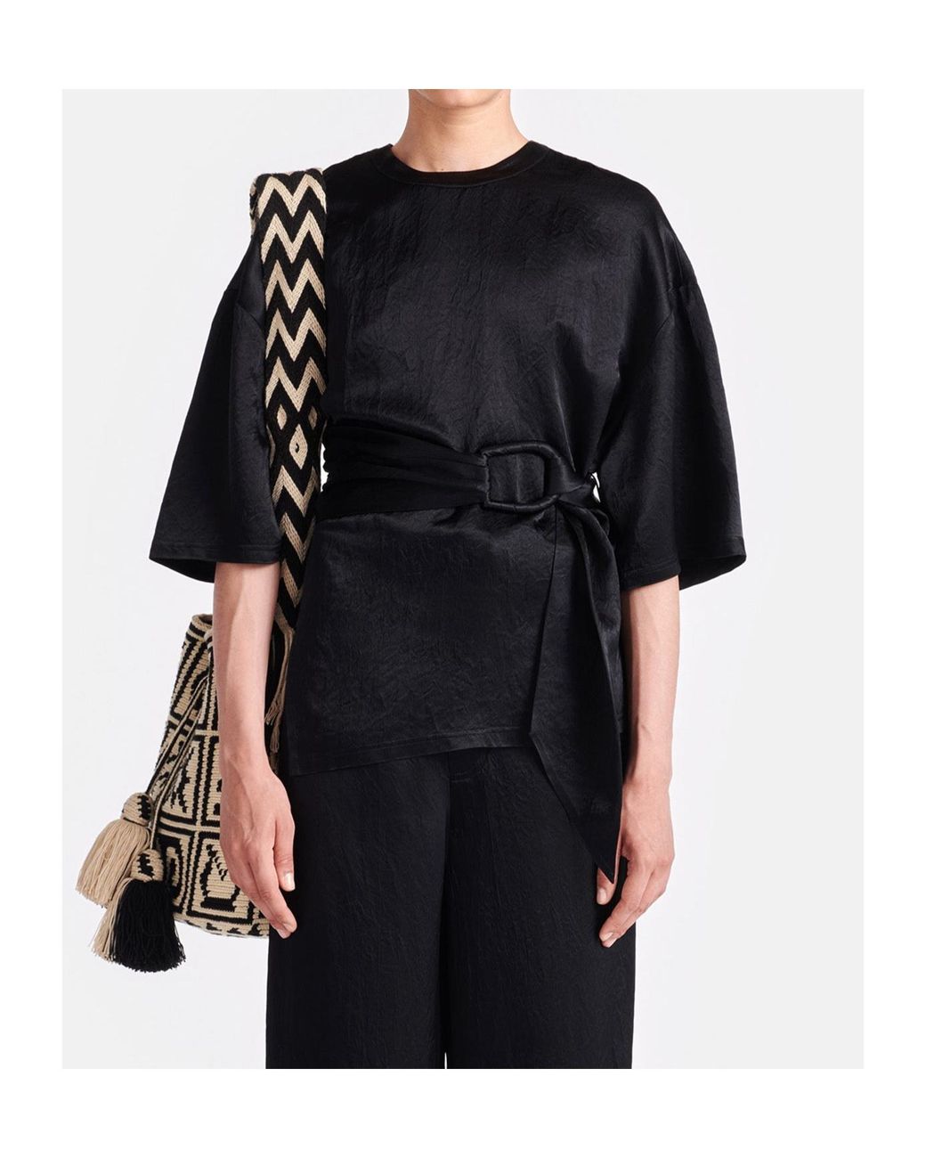Nanushka Black Besia Belted Crinkled Satin Top