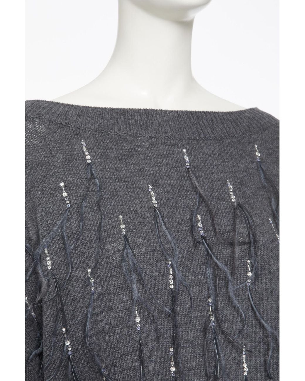 Valentino Gray Embroidered Wool Jumper With Feathers