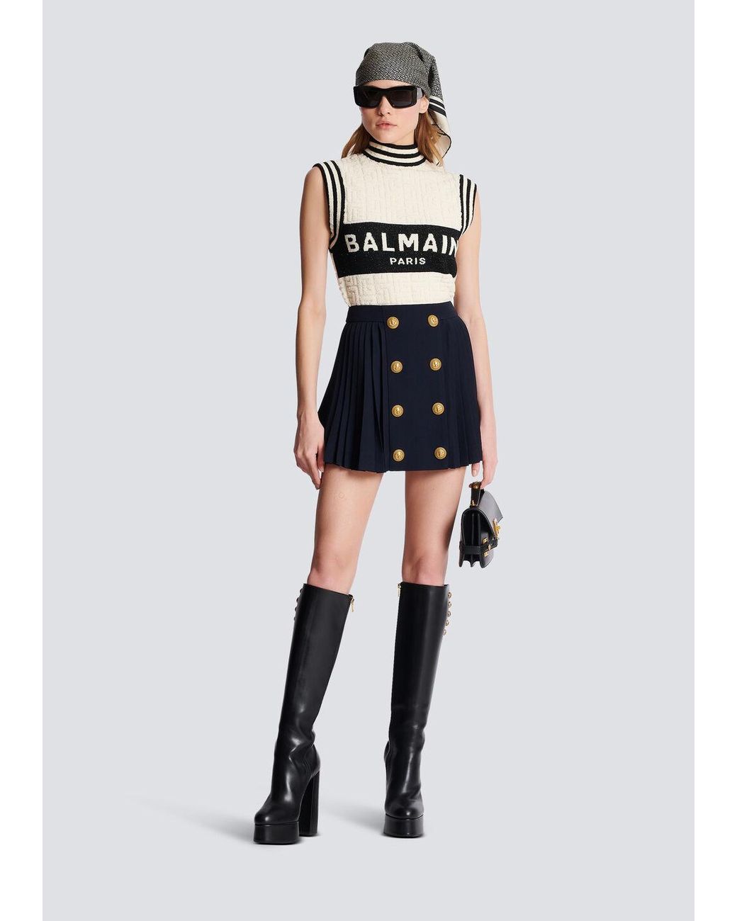 Balmain Blue Ladies Marine Pleated Button-Detail Skirt