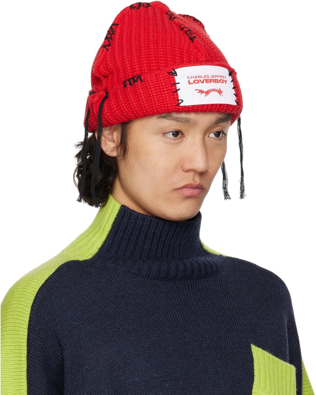 charlesjeffreyloverboy Blue Logo-Patch Chunky-Knit Beanie for men
