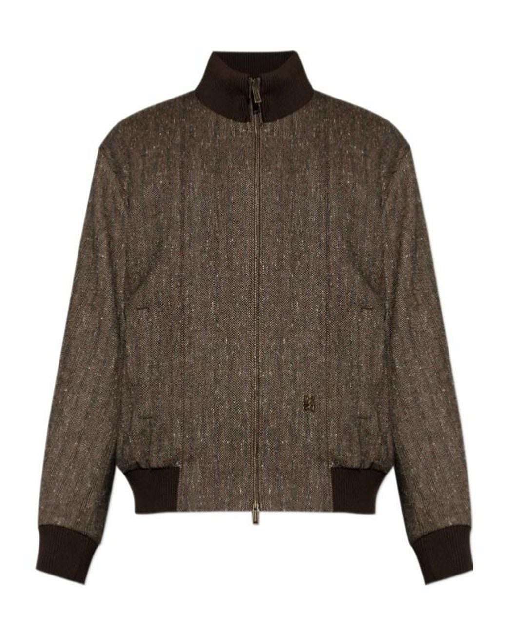 DSquared² Brown Herringbone Pattern High-Neck Zipped Jacket for men