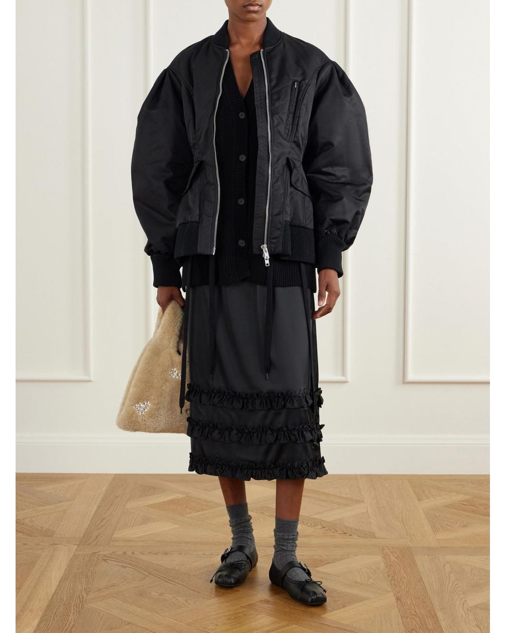 Simone Rocha Black Satin Bomber Jacket