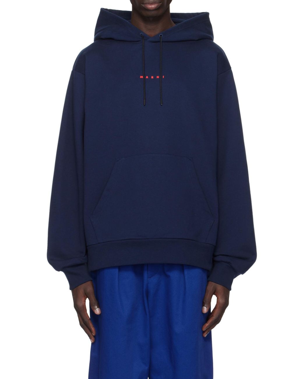 Marni Blue Logo Printed Drawstring Hoodie for men